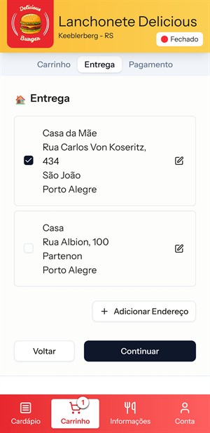 Seleção de endereço de entrega no sistema