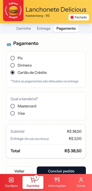 Finalização de pedido e formas de pagamento