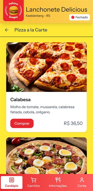 Lista de produtos no cardápio online